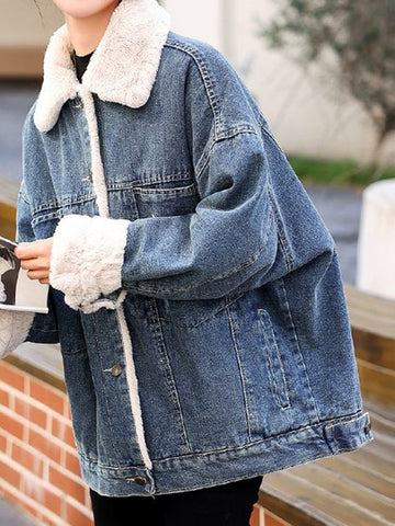 Airchics court manteau doublé polaire jean avec boutonnage poches col revers femme mode